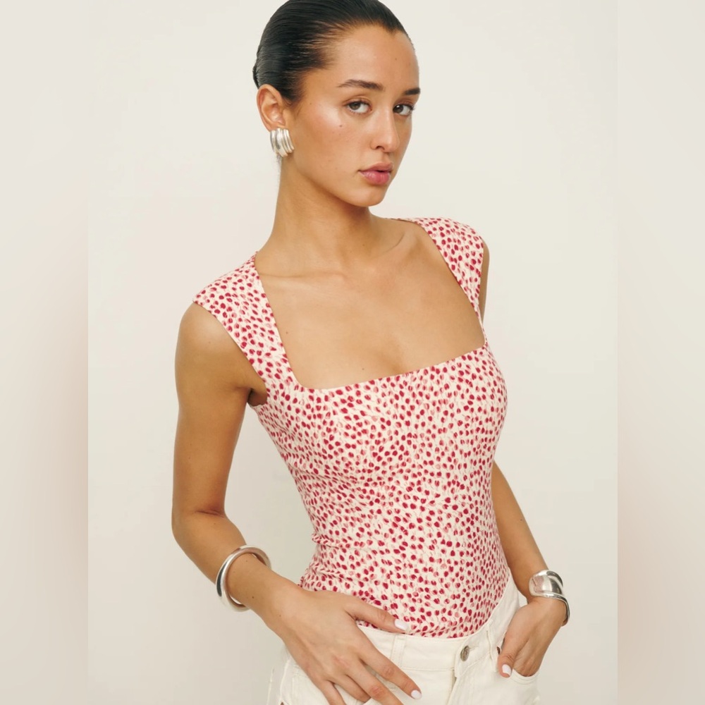 Reformation Red and White Patterned Blouse